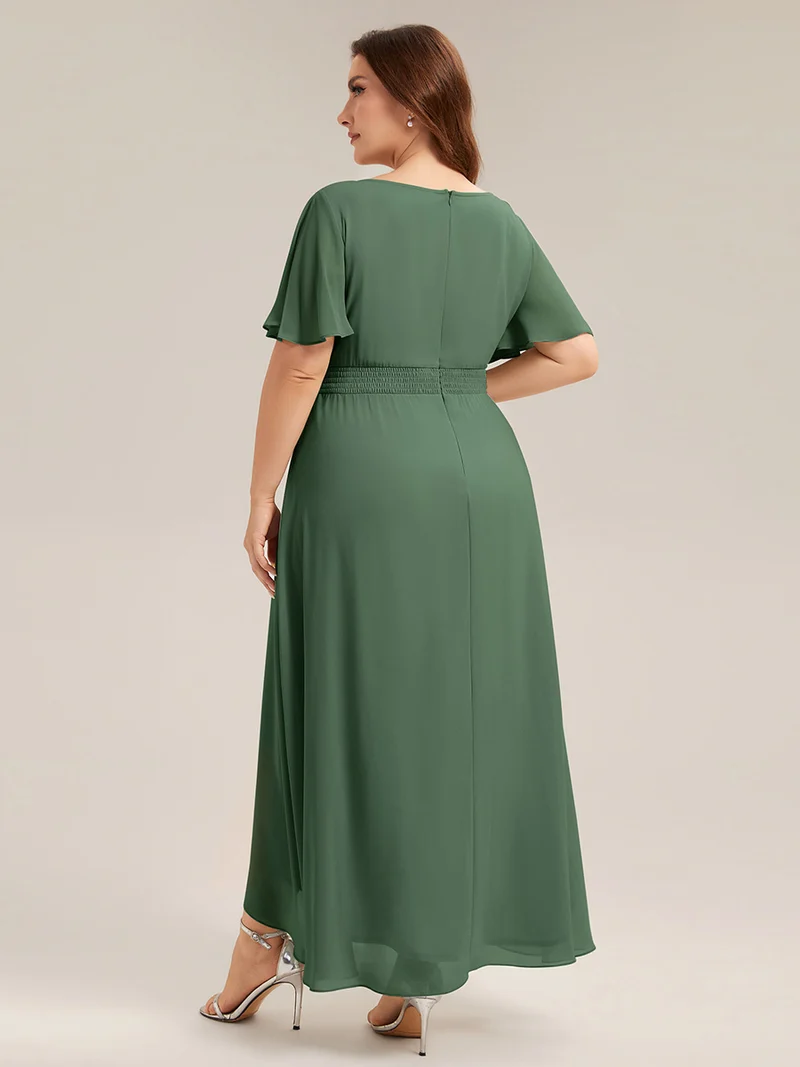 Robe asymétrique en mousseline à manches courtes et à volants