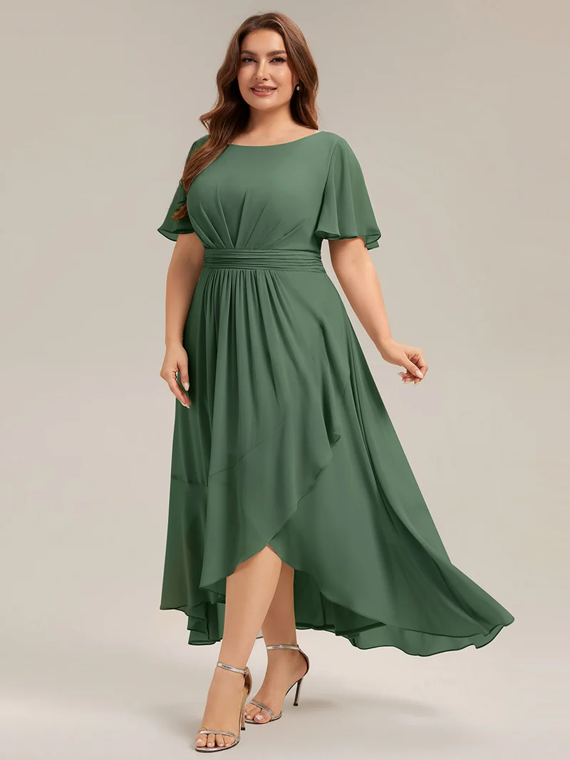 Robe asymétrique en mousseline à manches courtes et à volants