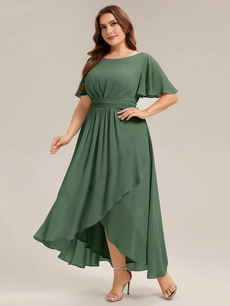 Robe asymétrique en mousseline à manches courtes et à volants