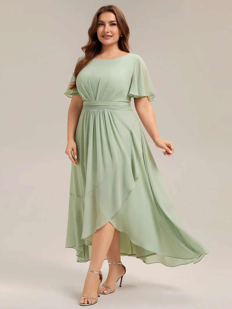 Robe asymétrique en mousseline à manches courtes et à volants