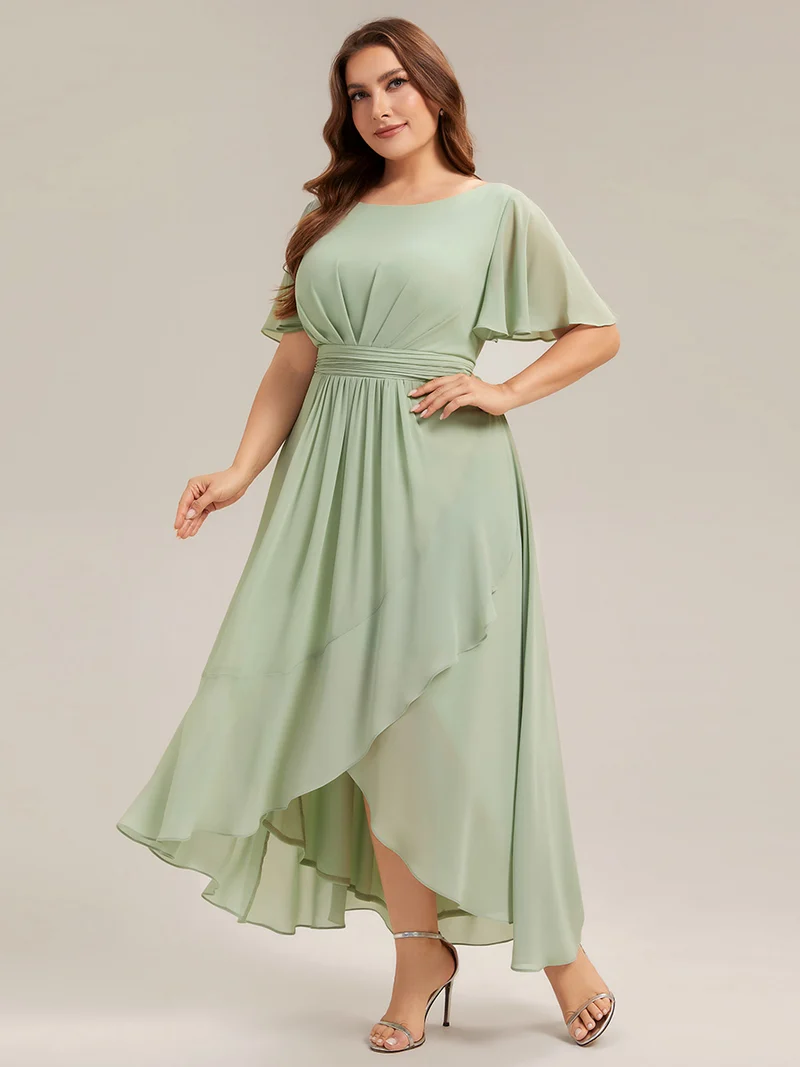 Robe asymétrique en mousseline à manches courtes et à volants