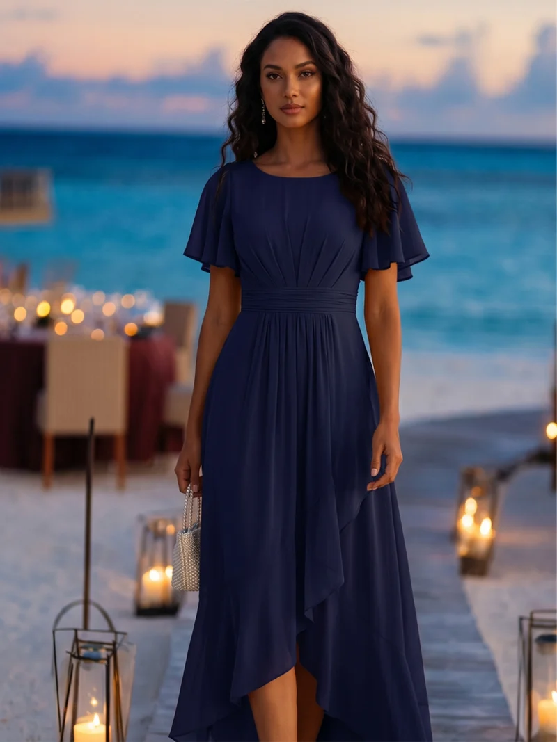 Robe asymétrique en mousseline à manches courtes et à volants