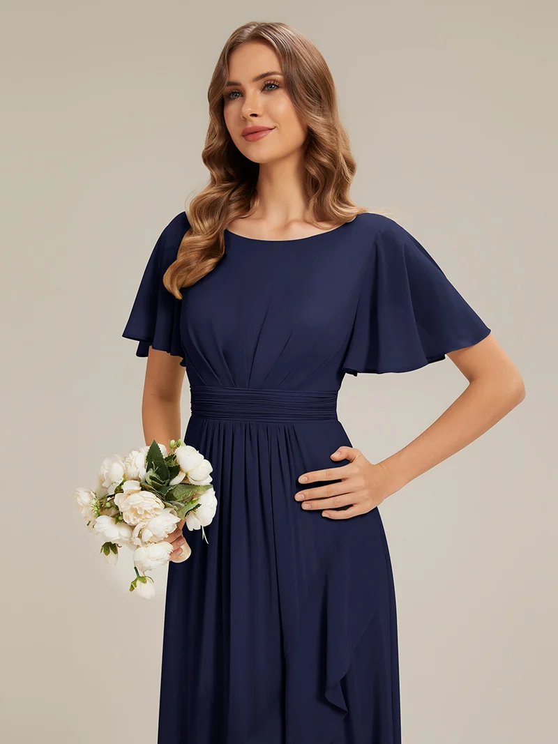 Robe asymétrique en mousseline à manches courtes et à volants