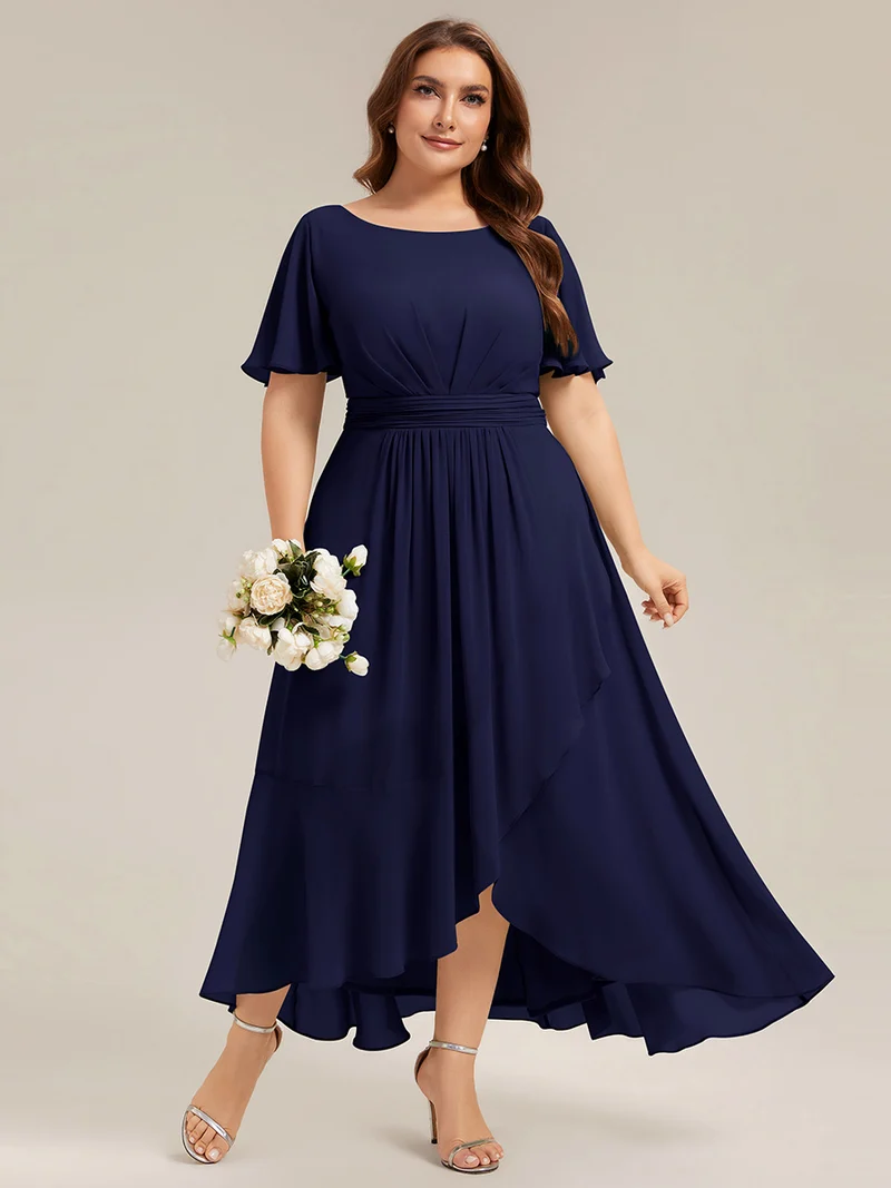 Robe asymétrique en mousseline à manches courtes et à volants