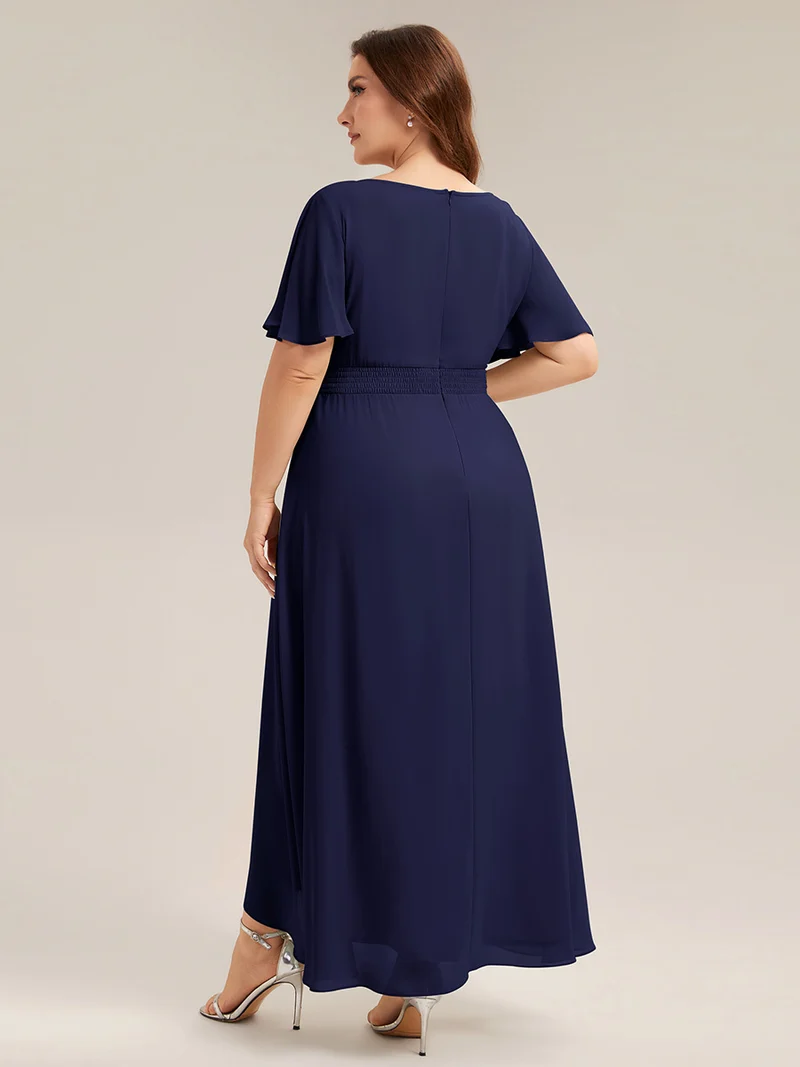 Robe asymétrique en mousseline à manches courtes et à volants
