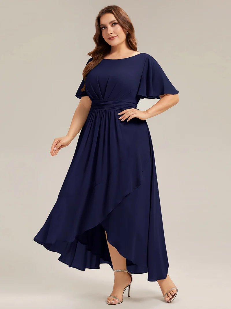 Robe asymétrique en mousseline à manches courtes et à volants