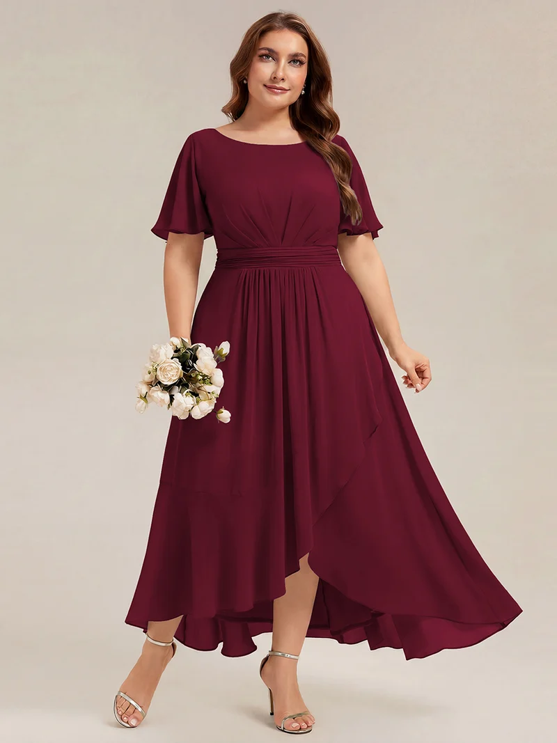 Robe asymétrique en mousseline à manches courtes et à volants