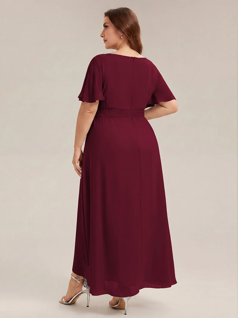 Robe asymétrique en mousseline à manches courtes et à volants