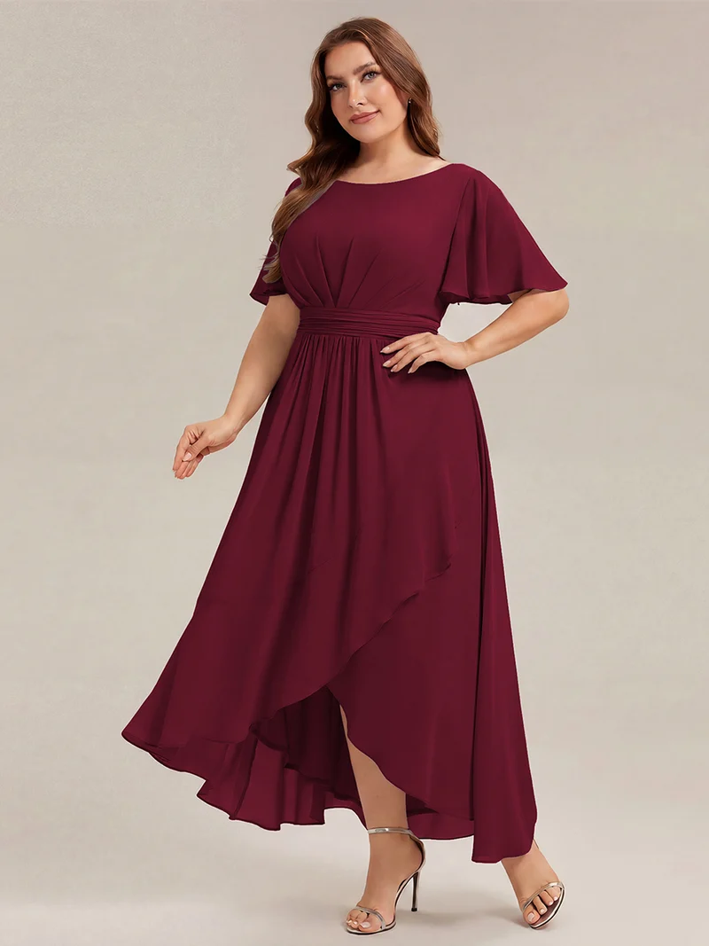 Robe asymétrique en mousseline à manches courtes et à volants