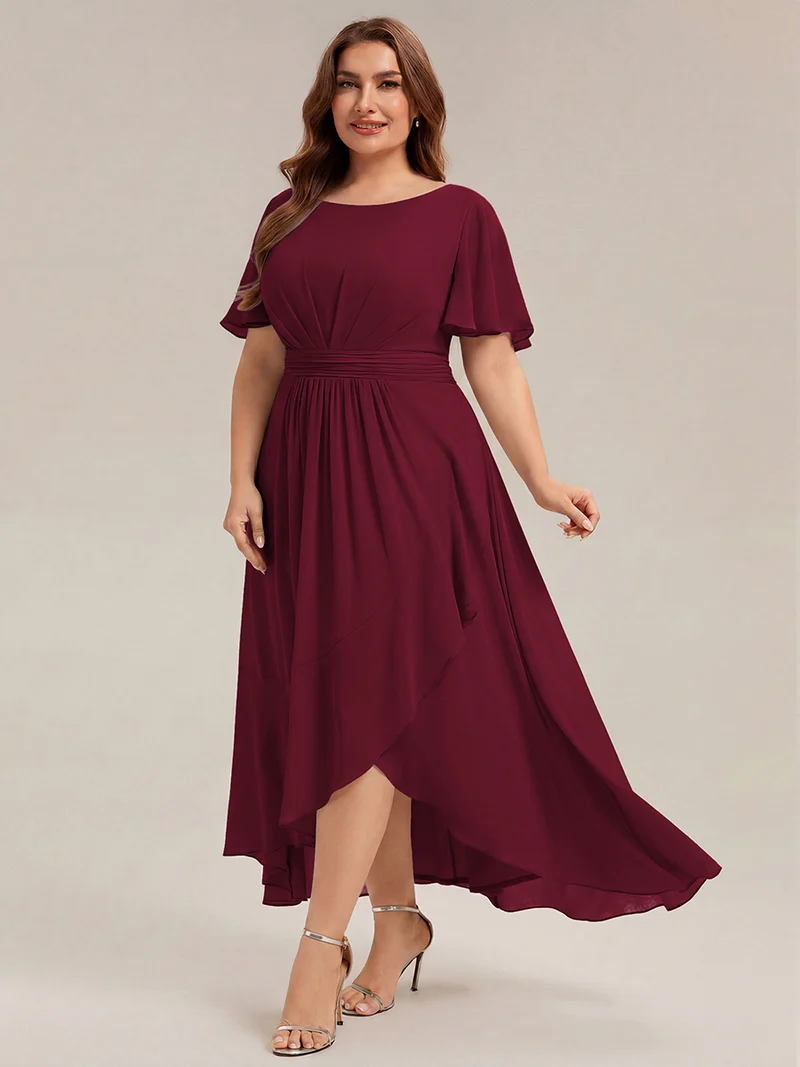 Robe asymétrique en mousseline à manches courtes et à volants