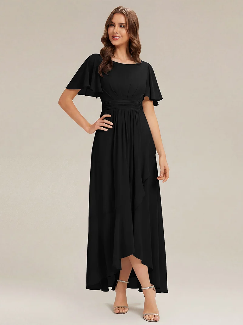 Robe asymétrique en mousseline à manches courtes et à volants
