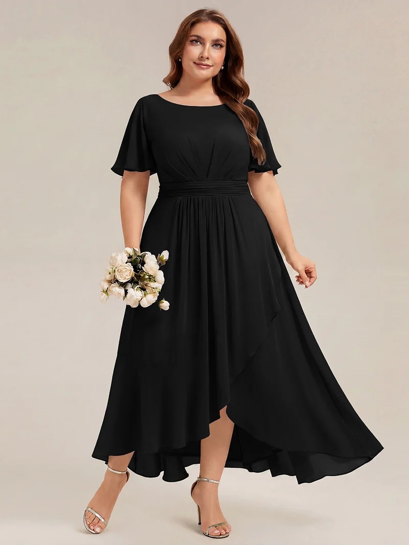 Robe asymétrique en mousseline à manches courtes et à volants