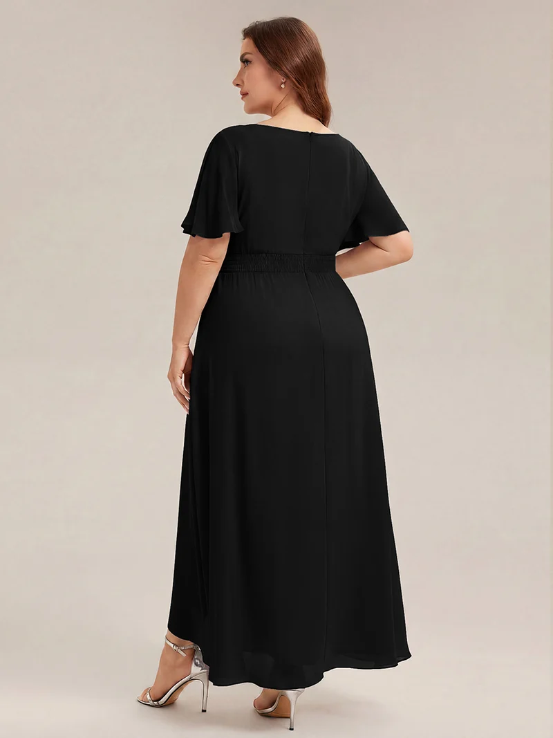 Robe asymétrique en mousseline à manches courtes et à volants