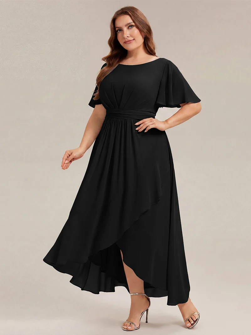 Robe asymétrique en mousseline à manches courtes et à volants
