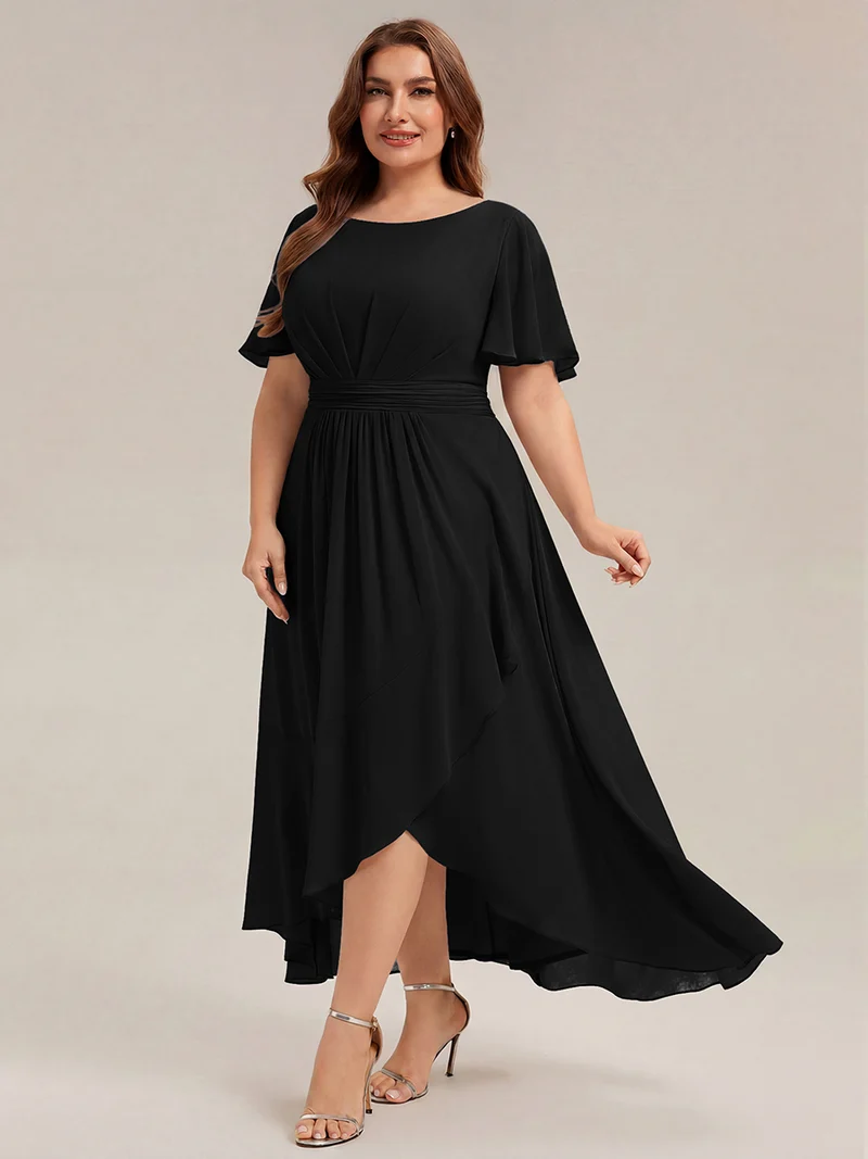 Robe asymétrique en mousseline à manches courtes et à volants