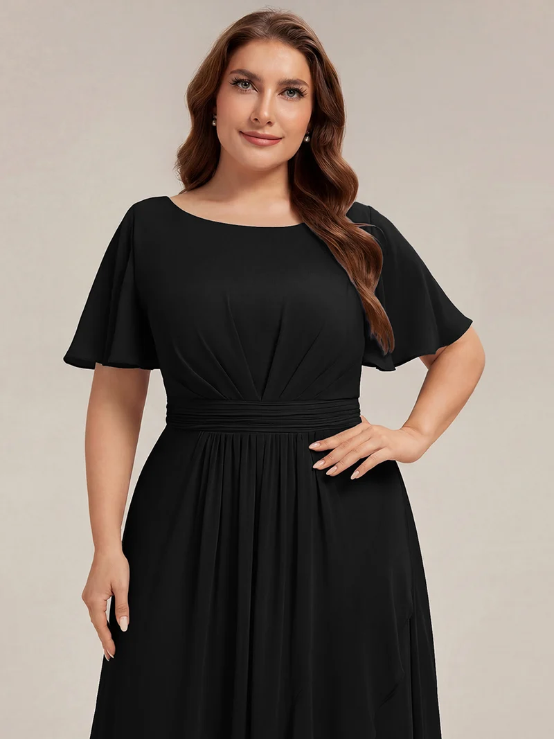 Robe asymétrique en mousseline à manches courtes et à volants