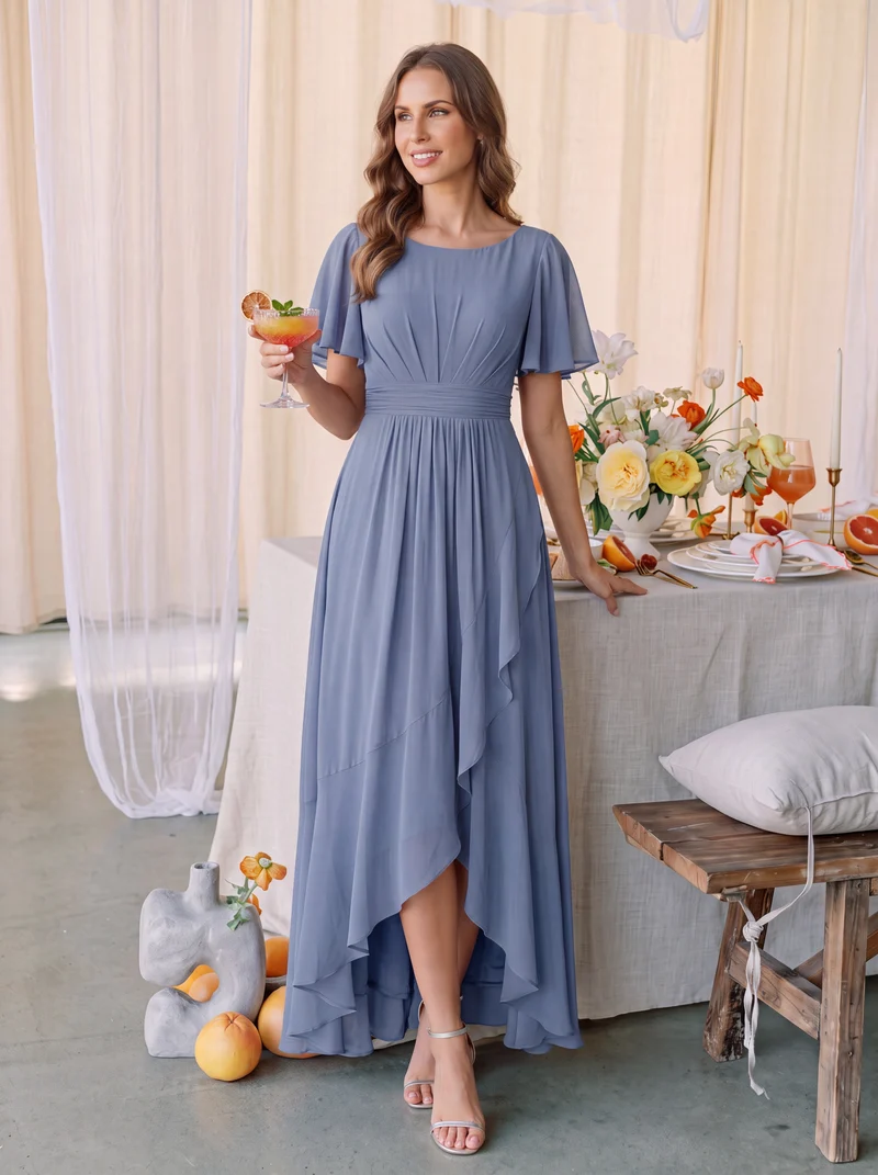 Robe asymétrique en mousseline à manches courtes et à volants