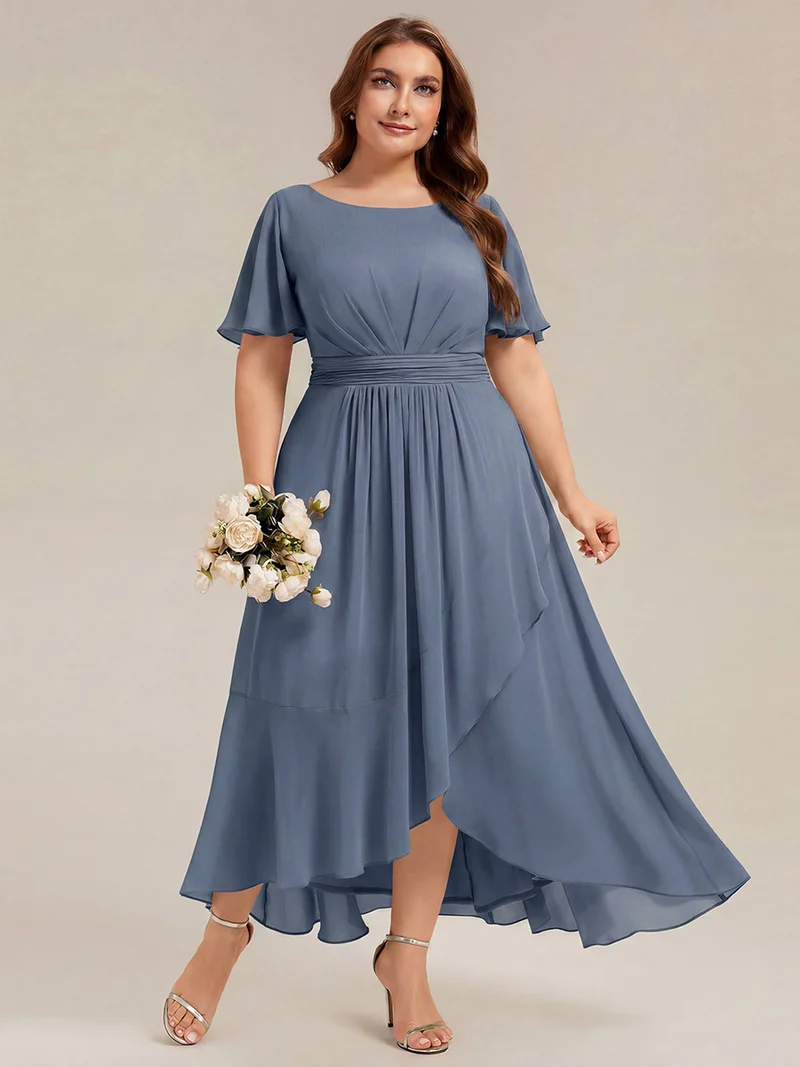 Robe asymétrique en mousseline à manches courtes et à volants