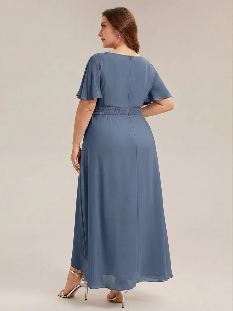 Robe asymétrique en mousseline à manches courtes et à volants