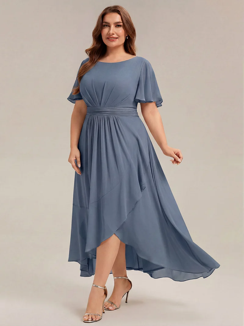 Robe asymétrique en mousseline à manches courtes et à volants