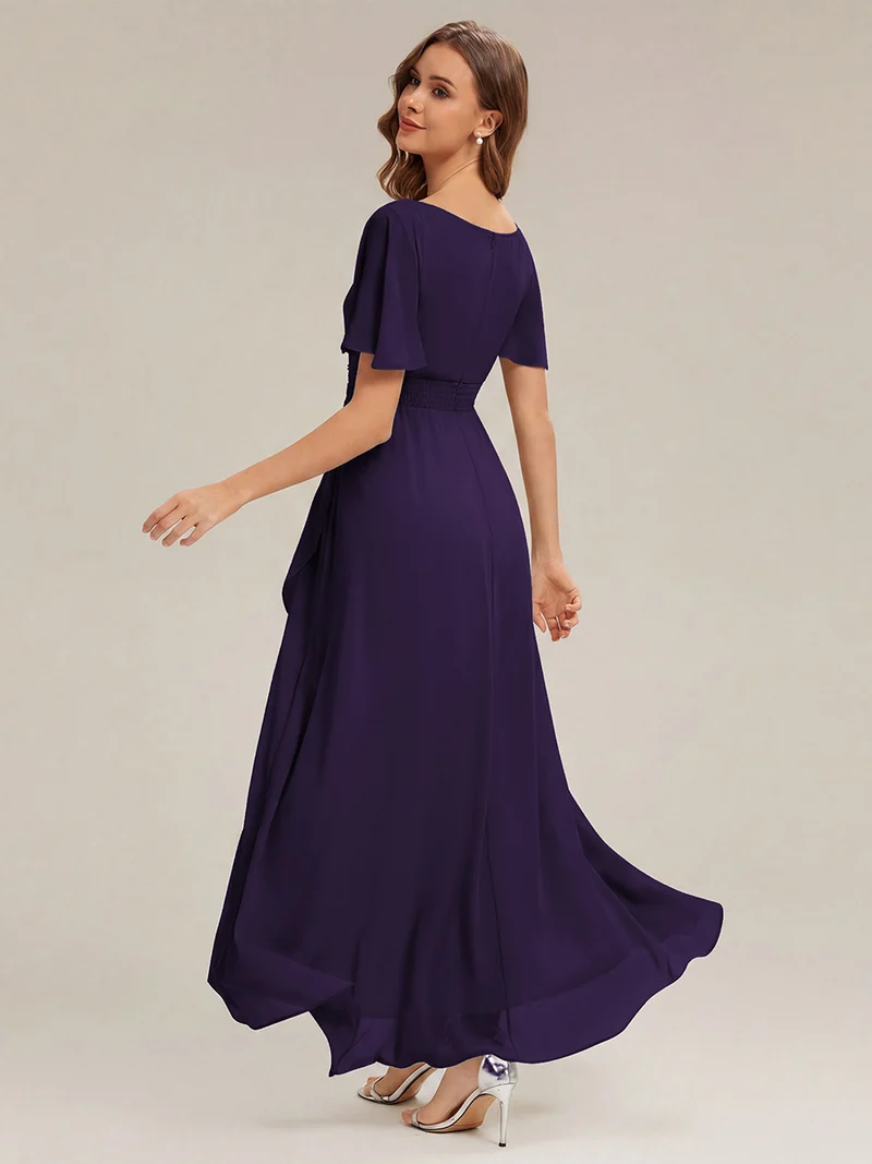 Robe asymétrique en mousseline à manches courtes et à volants