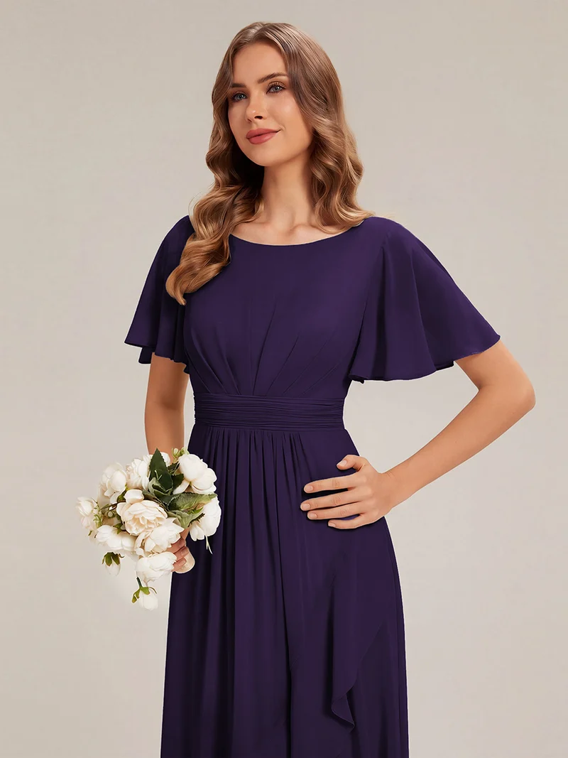 Robe asymétrique en mousseline à manches courtes et à volants
