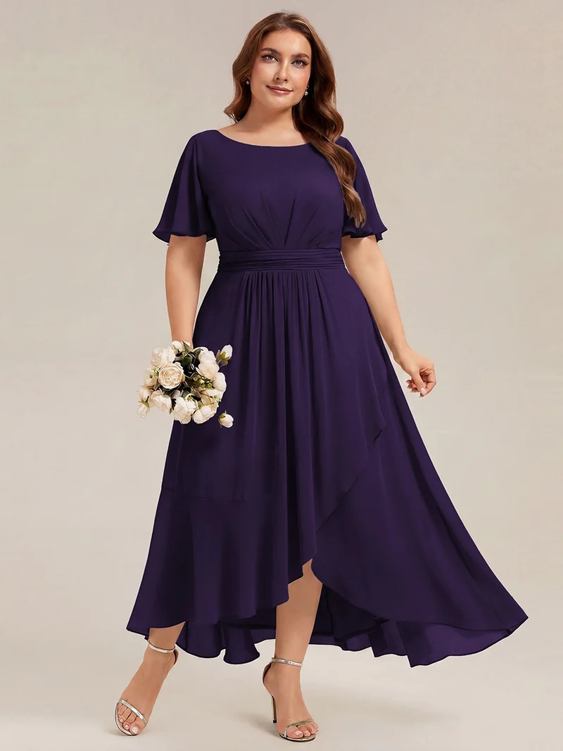 Robe asymétrique en mousseline à manches courtes et à volants