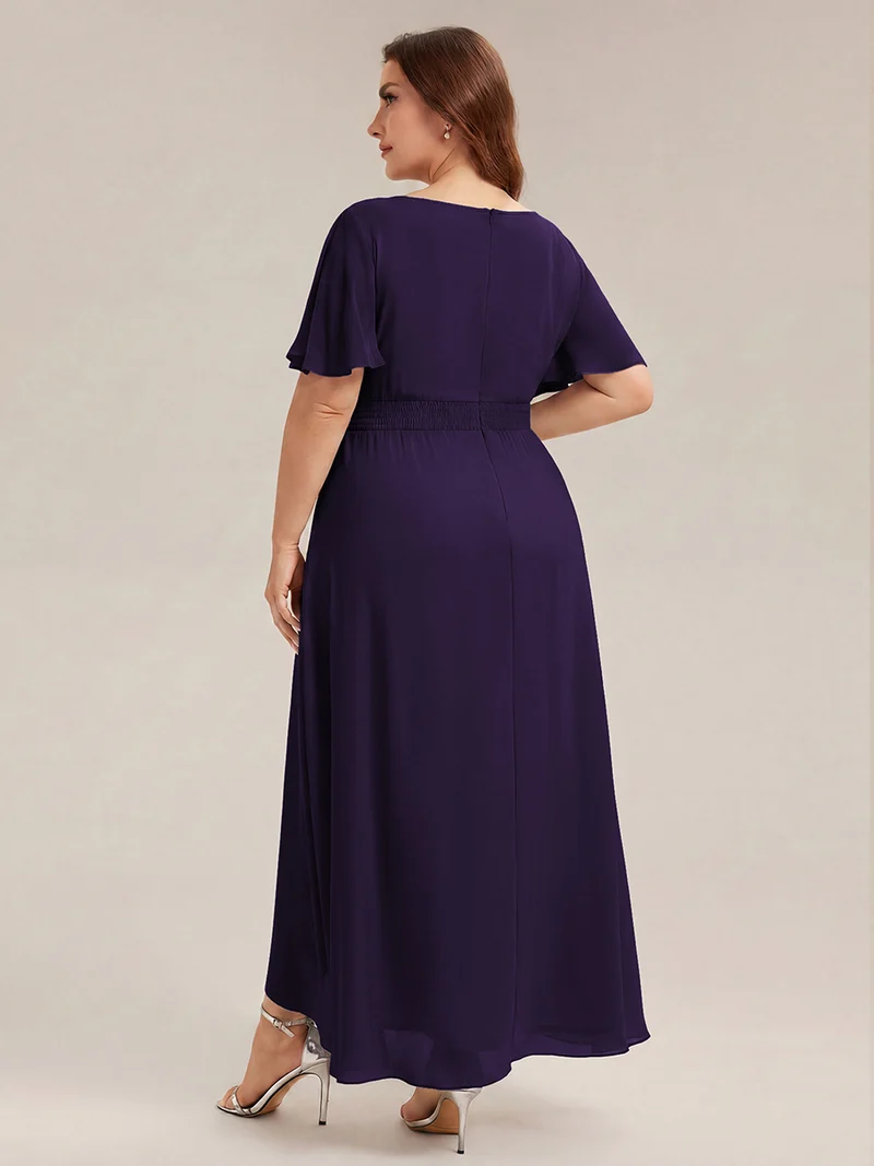 Robe asymétrique en mousseline à manches courtes et à volants