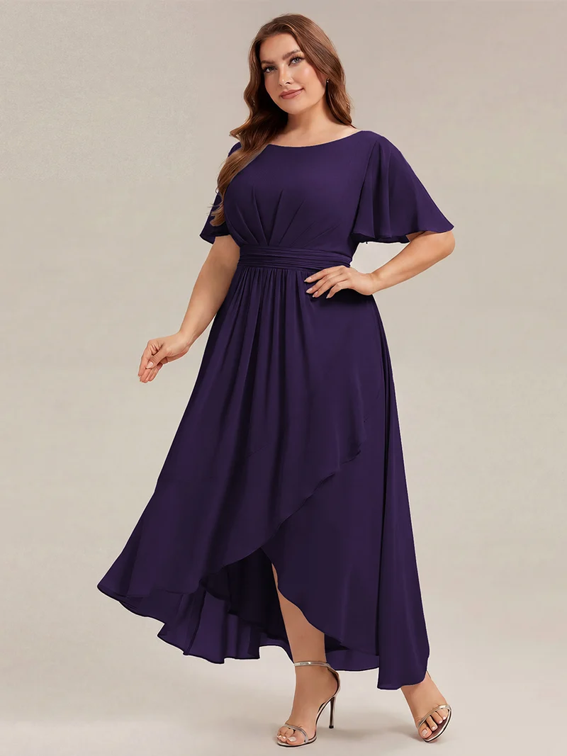 Robe asymétrique en mousseline à manches courtes et à volants