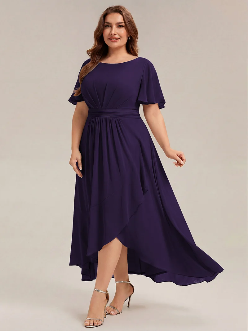 Robe asymétrique en mousseline à manches courtes et à volants