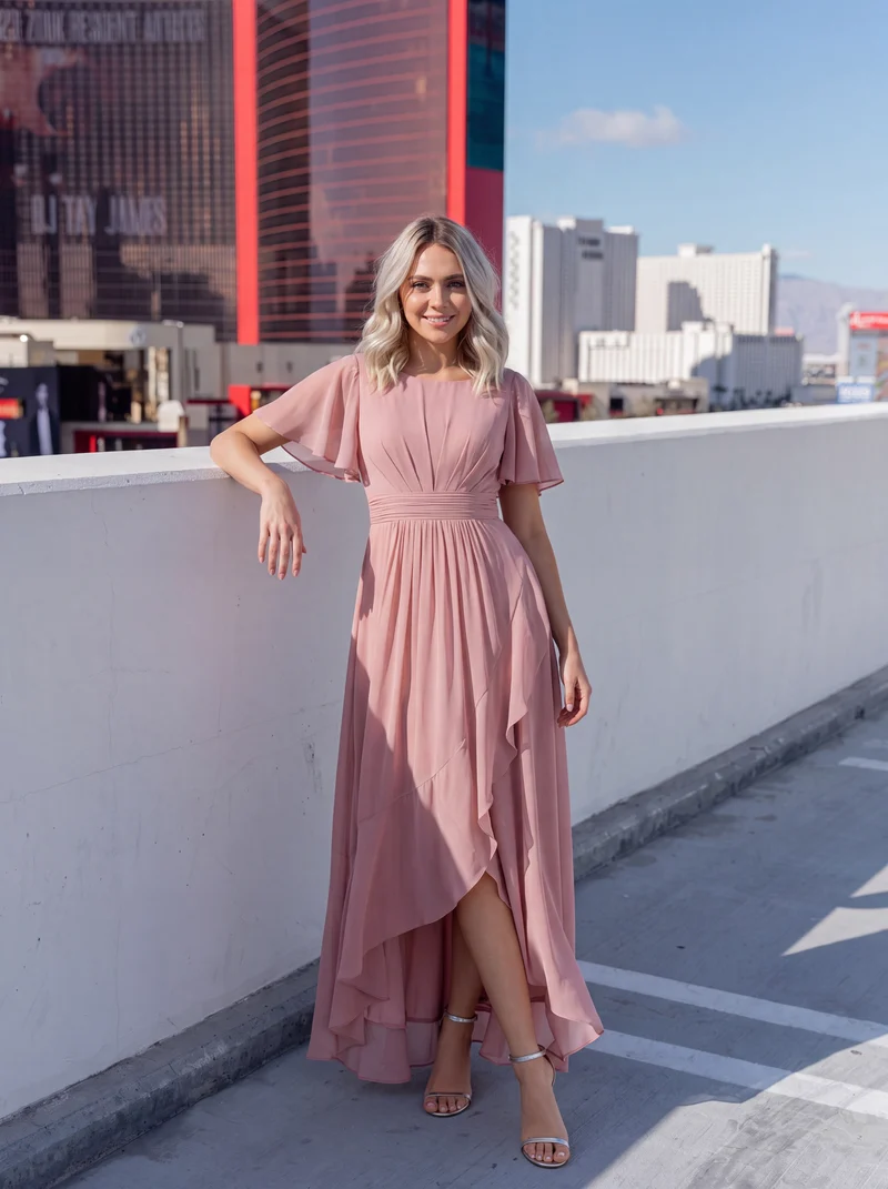 Robe asymétrique en mousseline à manches courtes et à volants