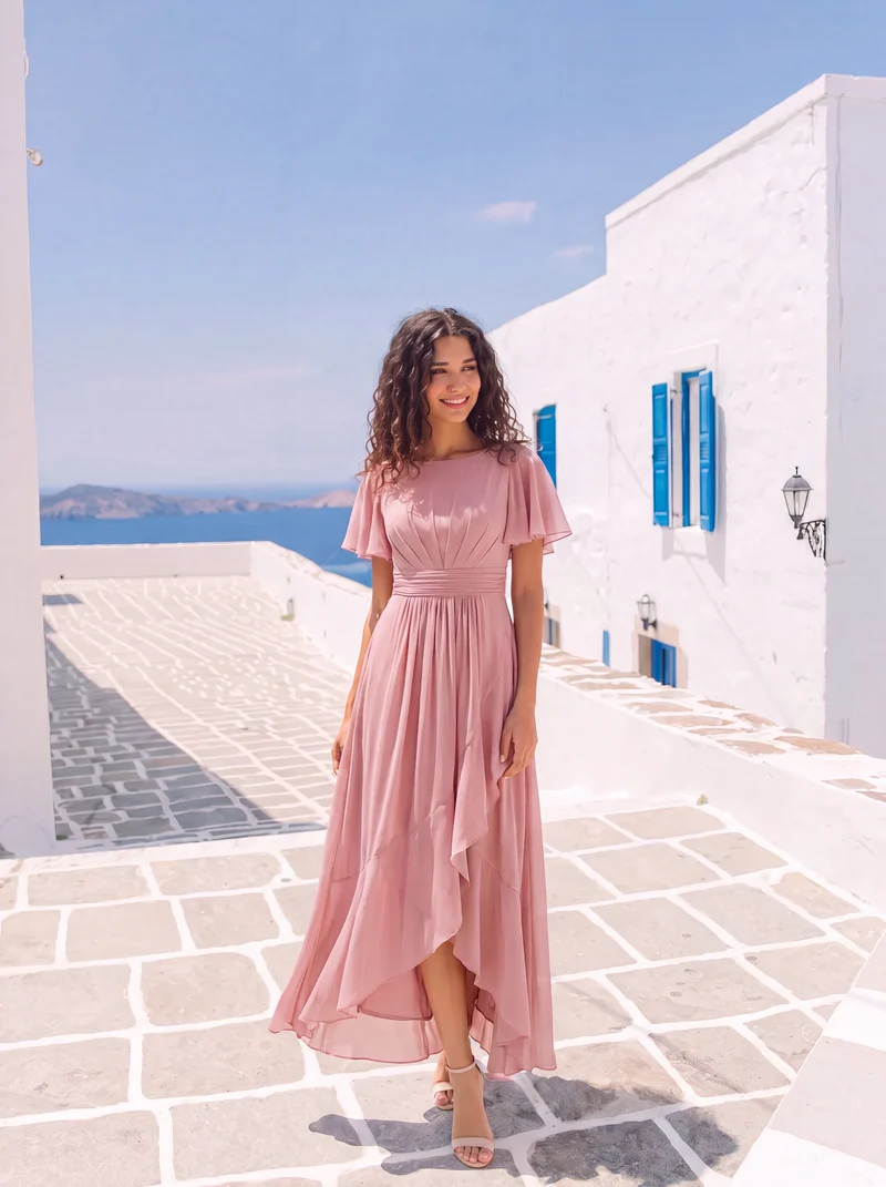 Robe asymétrique en mousseline à manches courtes et à volants