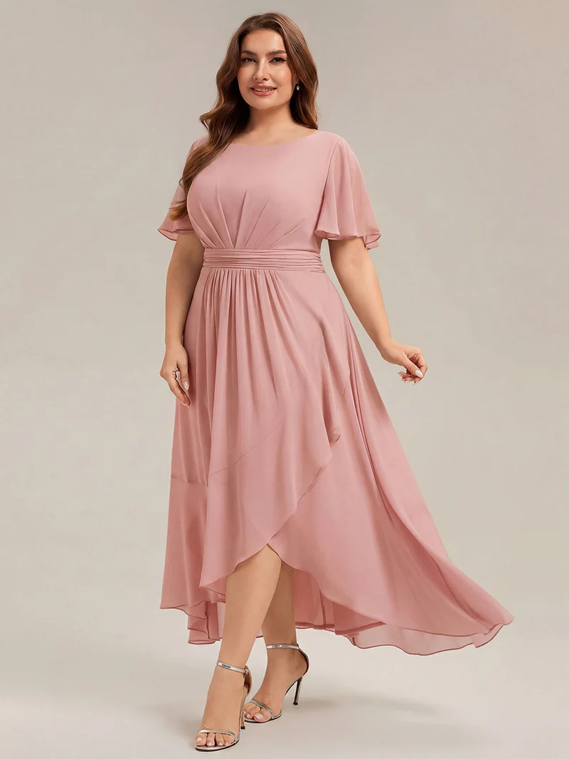 Robe asymétrique en mousseline à manches courtes et à volants