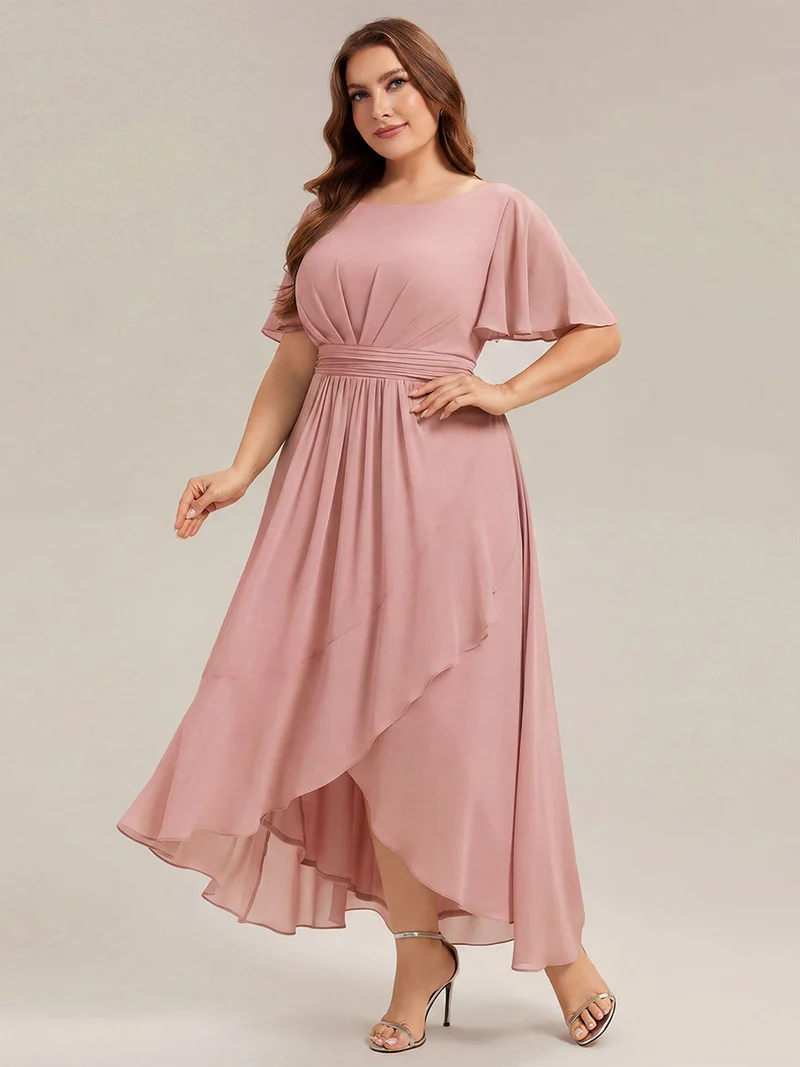 Robe asymétrique en mousseline à manches courtes et à volants