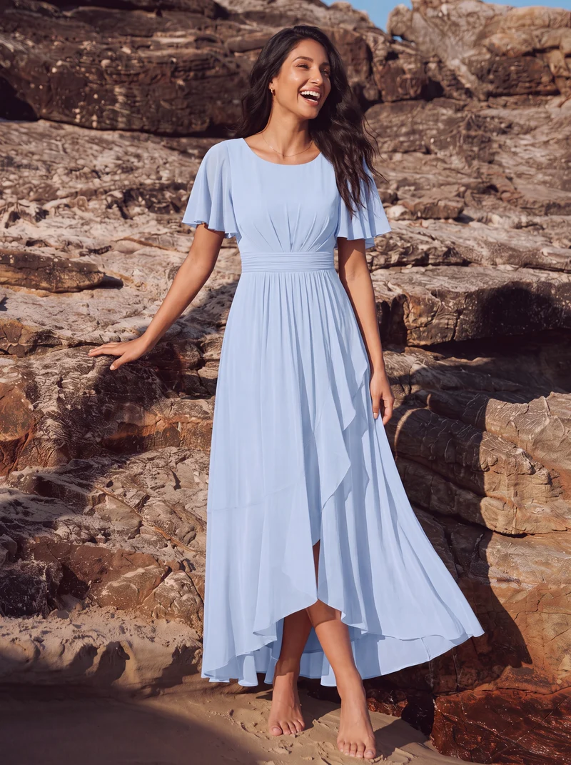 Robe asymétrique en mousseline à manches courtes et à volants