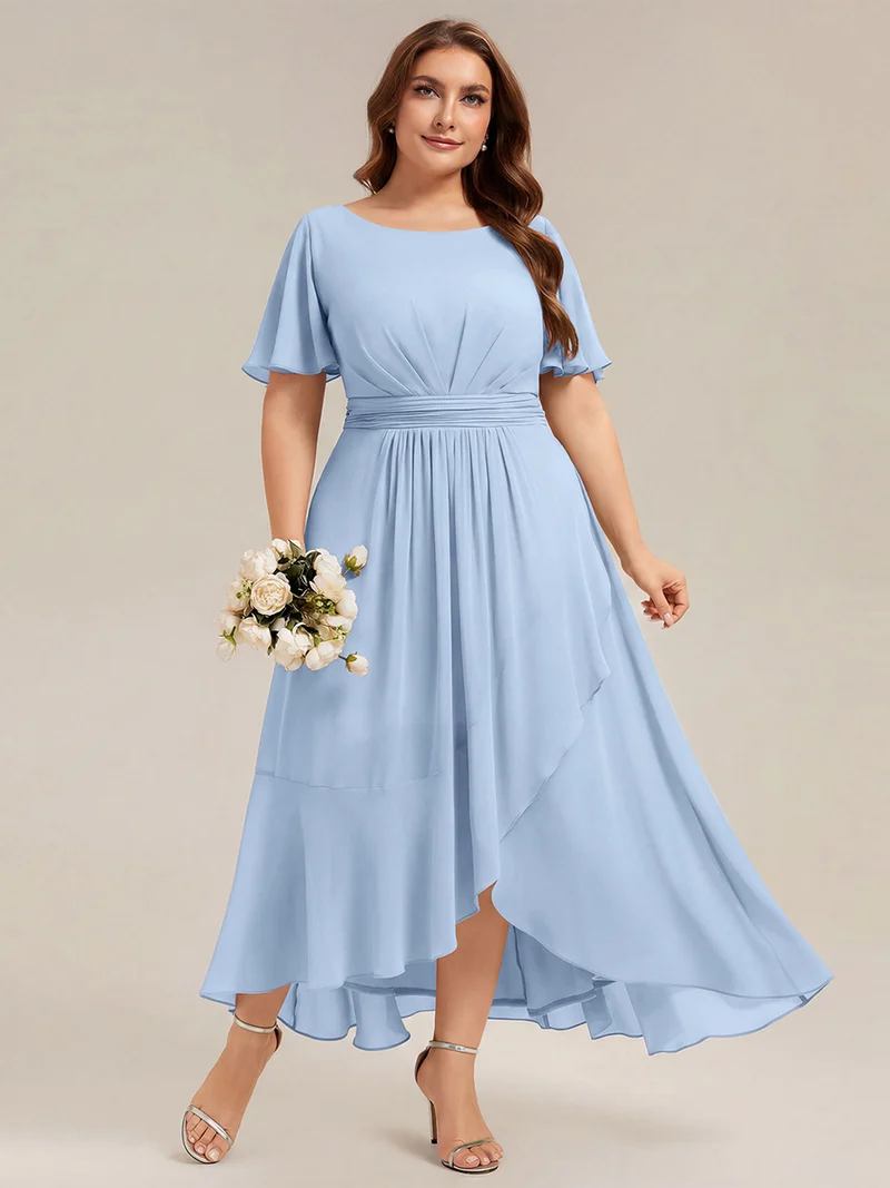 Robe asymétrique en mousseline à manches courtes et à volants