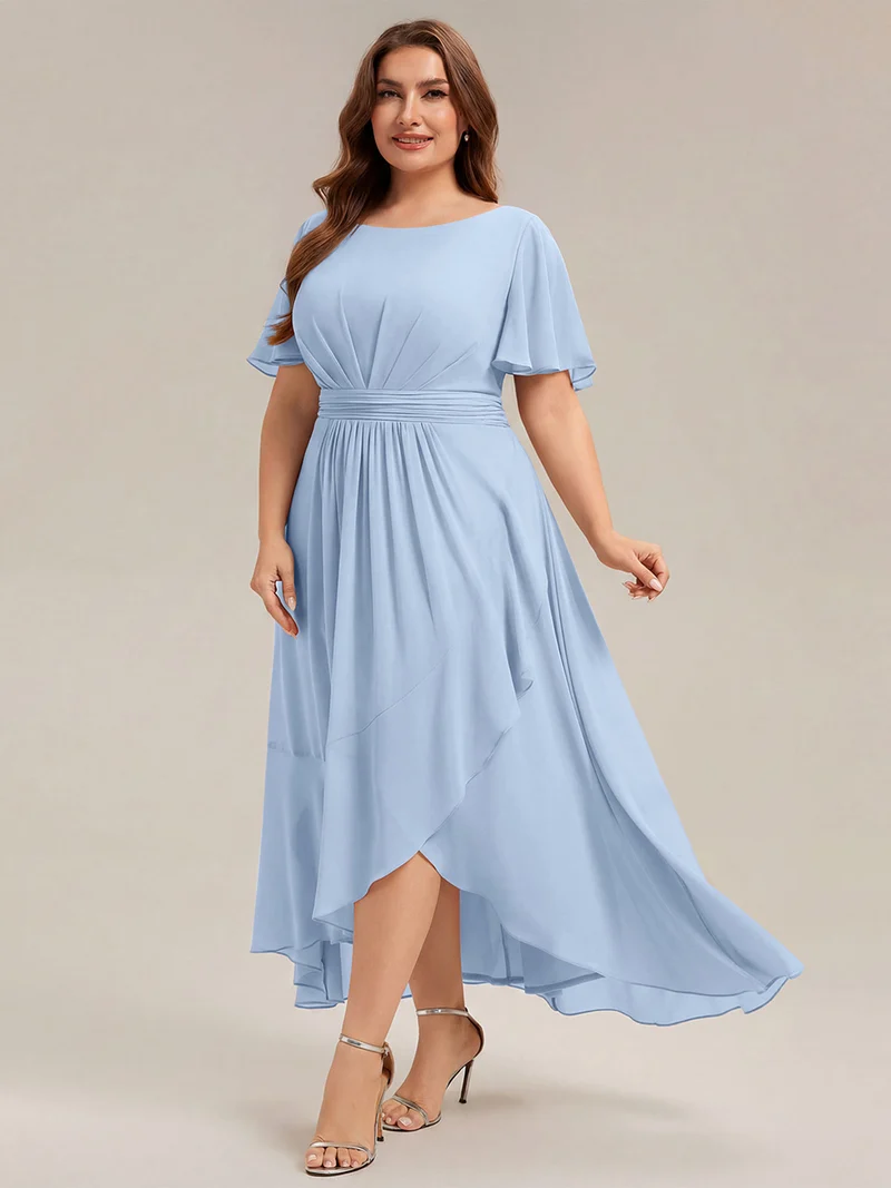 Robe asymétrique en mousseline à manches courtes et à volants