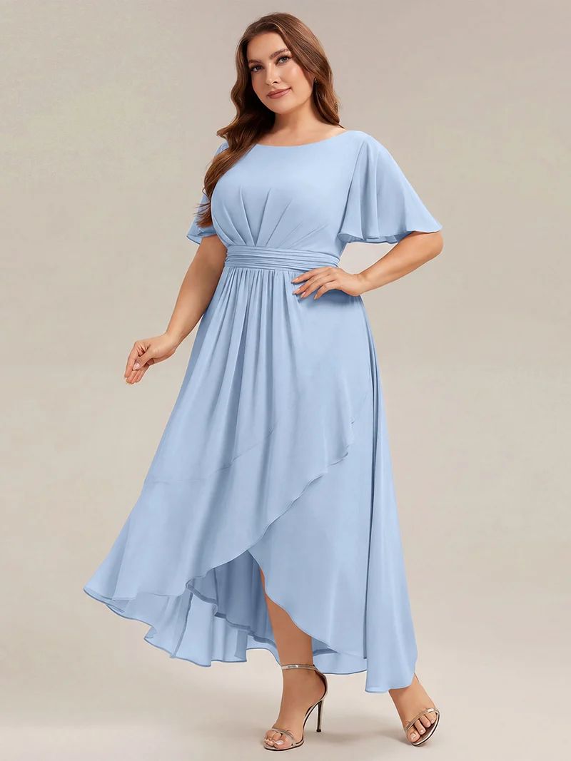 Robe asymétrique en mousseline à manches courtes et à volants