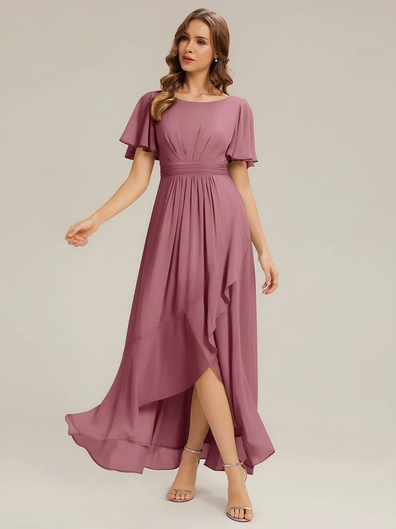 Robe asymétrique en mousseline à manches courtes et à volants