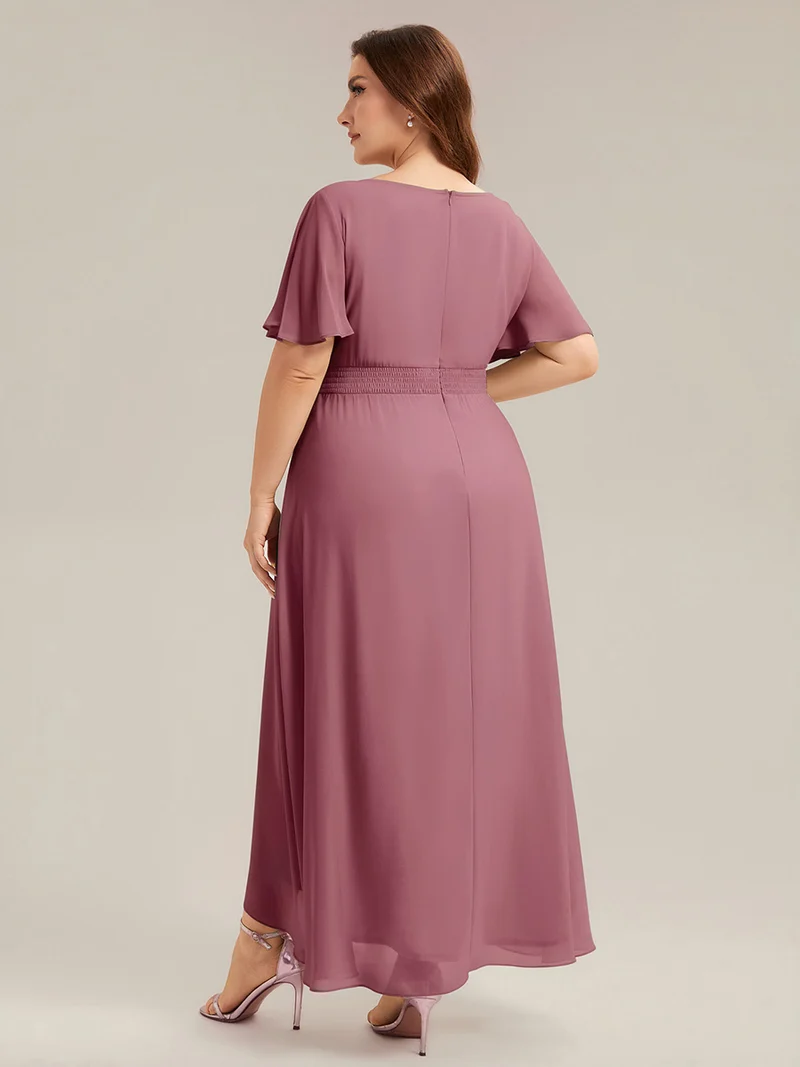 Robe asymétrique en mousseline à manches courtes et à volants