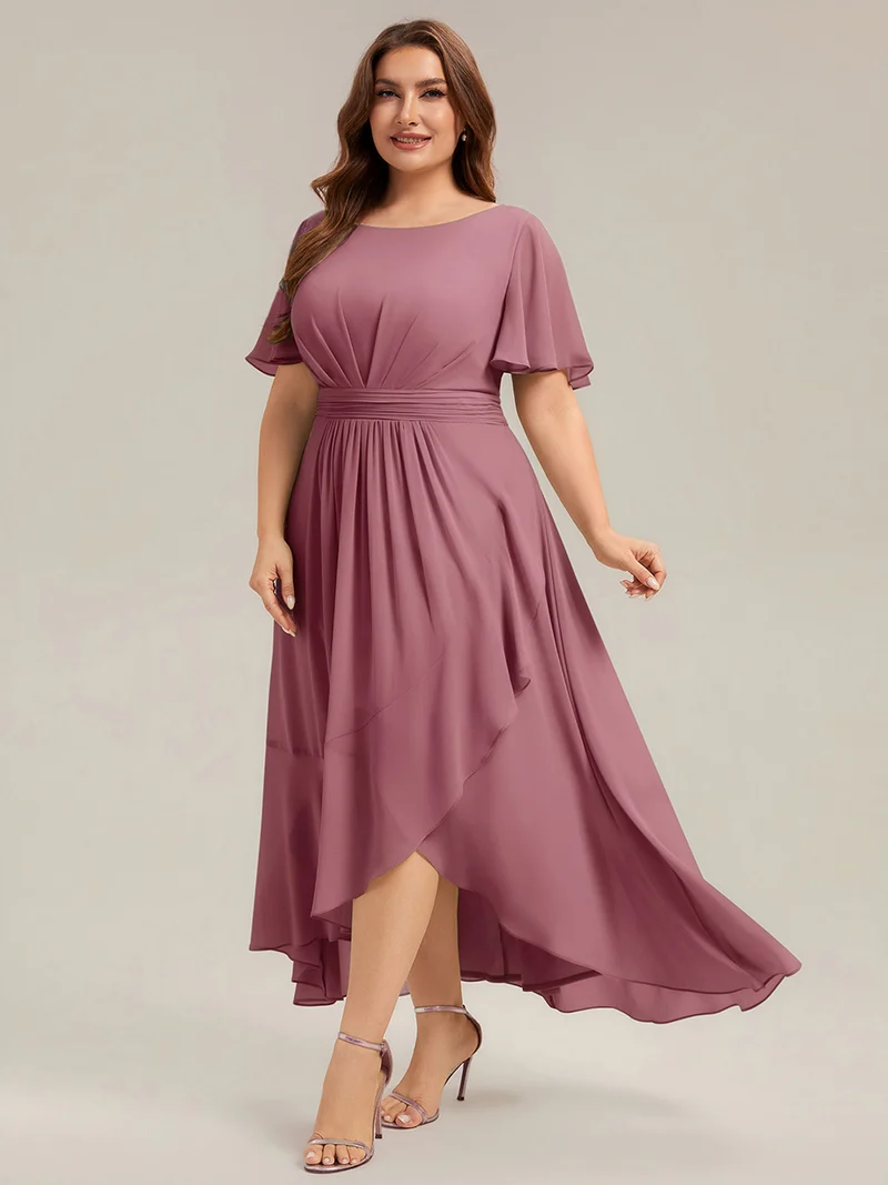 Robe asymétrique en mousseline à manches courtes et à volants