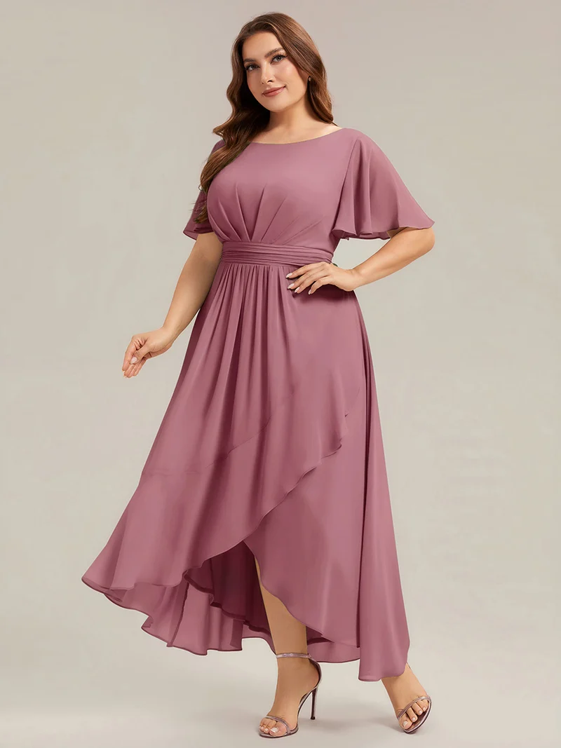 Robe asymétrique en mousseline à manches courtes et à volants