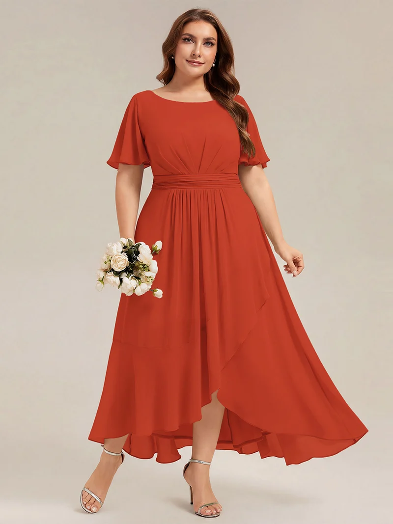 Robe asymétrique en mousseline à manches courtes et à volants