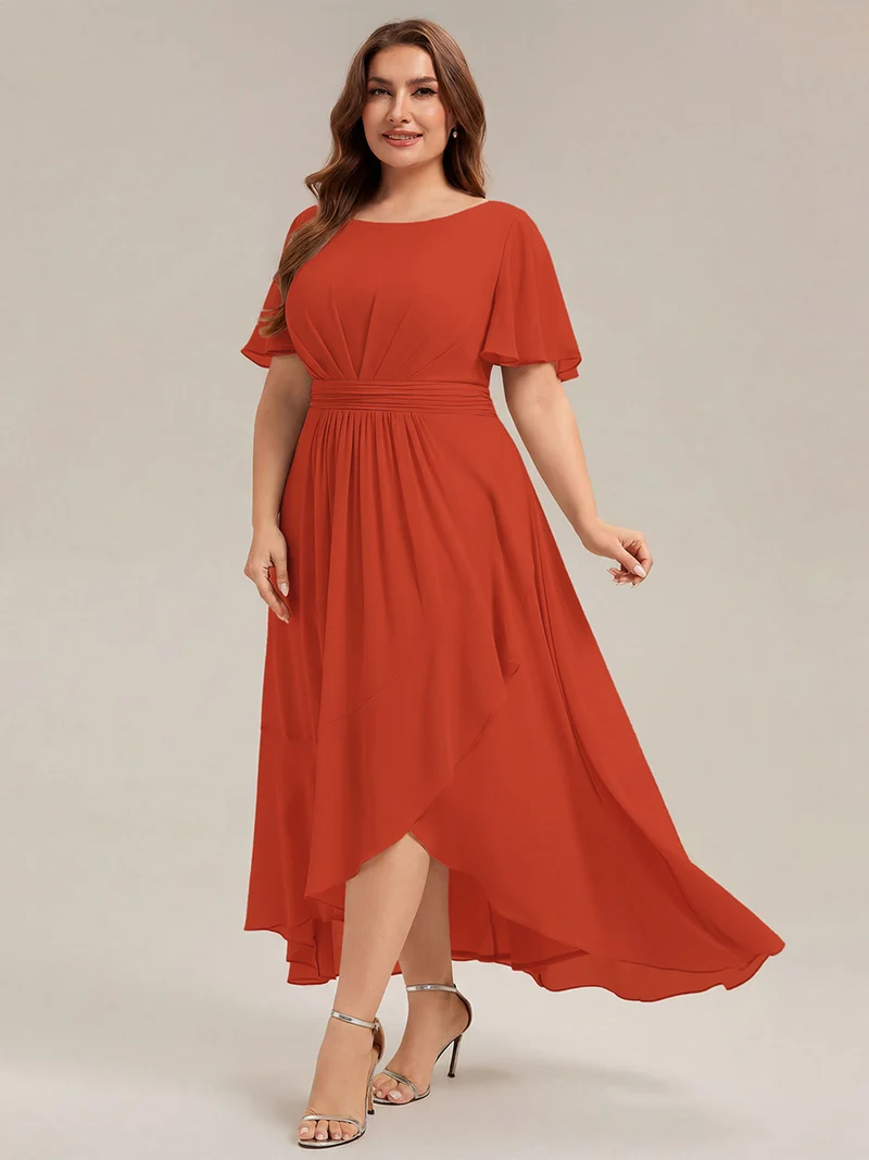 Robe asymétrique en mousseline à manches courtes et à volants