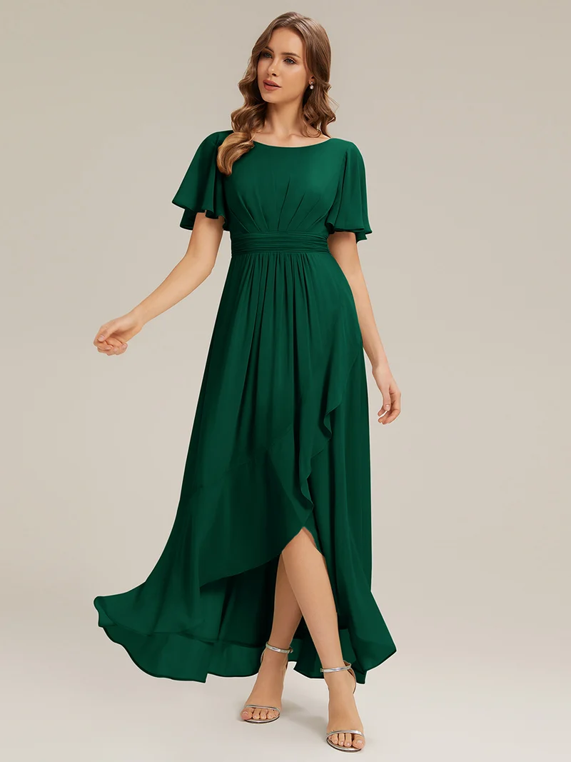 Robe asymétrique en mousseline à manches courtes et à volants