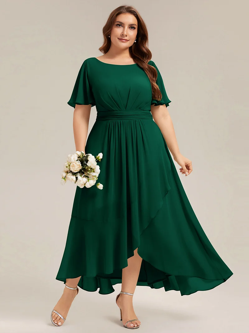 Robe asymétrique en mousseline à manches courtes et à volants