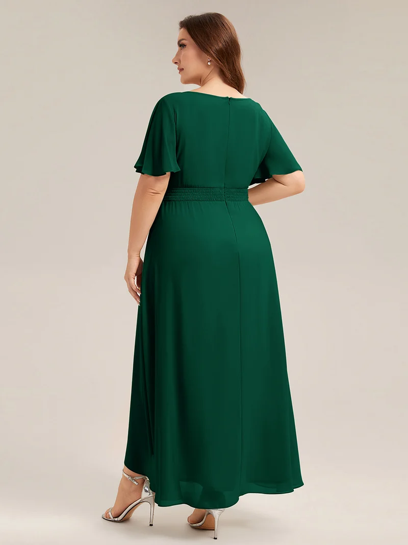 Robe asymétrique en mousseline à manches courtes et à volants