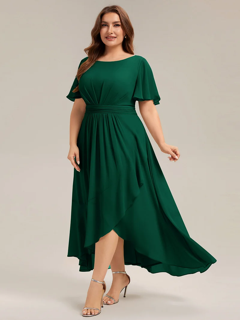 Robe asymétrique en mousseline à manches courtes et à volants