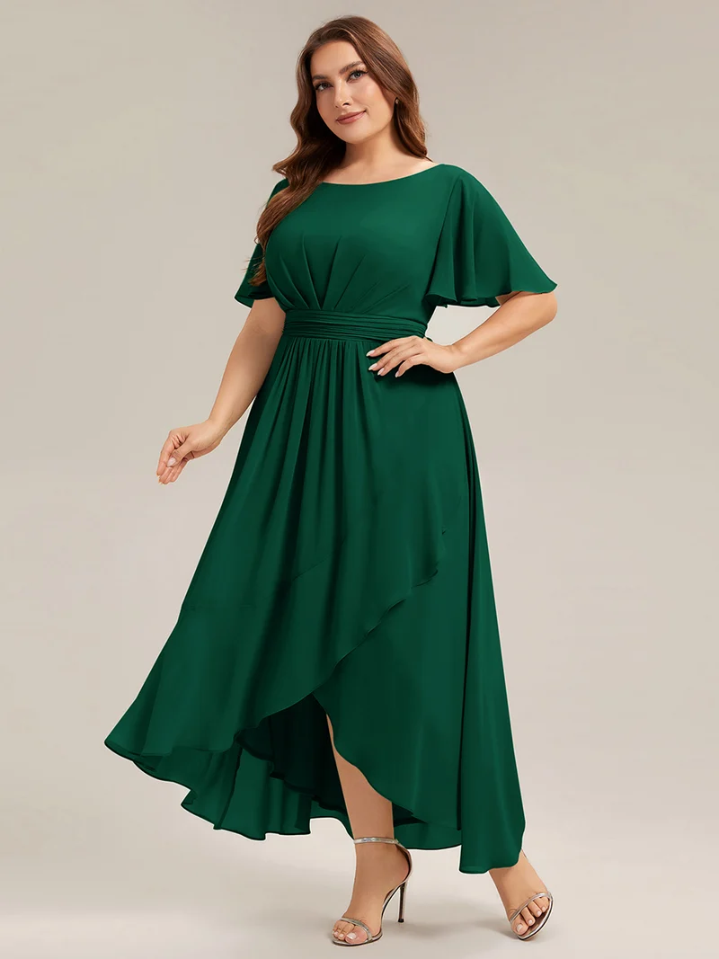Robe asymétrique en mousseline à manches courtes et à volants