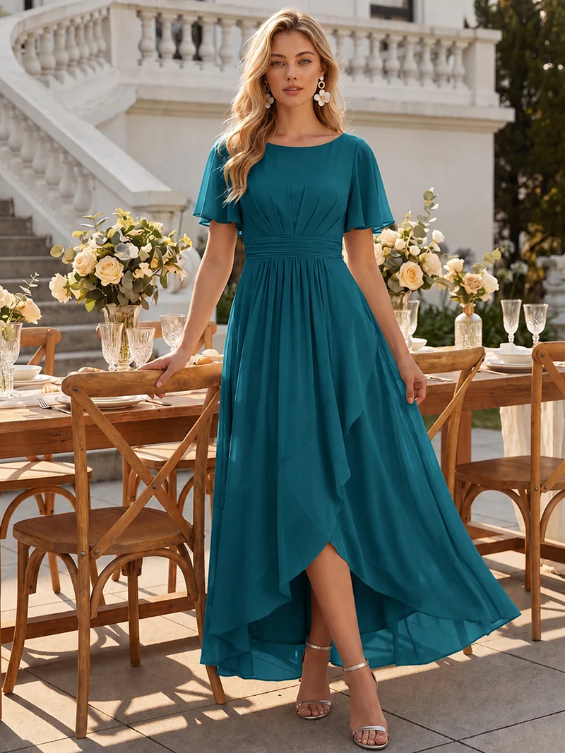 Robe asymétrique en mousseline à manches courtes et à volants
